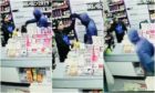 The robber threatens the shopkeeper and demands items before fleeing the shop.