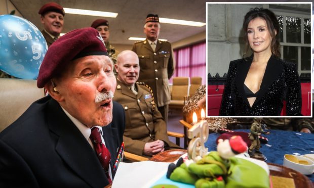 Eric Tandy blowing out his candles to celebrate his 95th birthday. His amazing story has been praised by TV star Kym Marsh (inset).