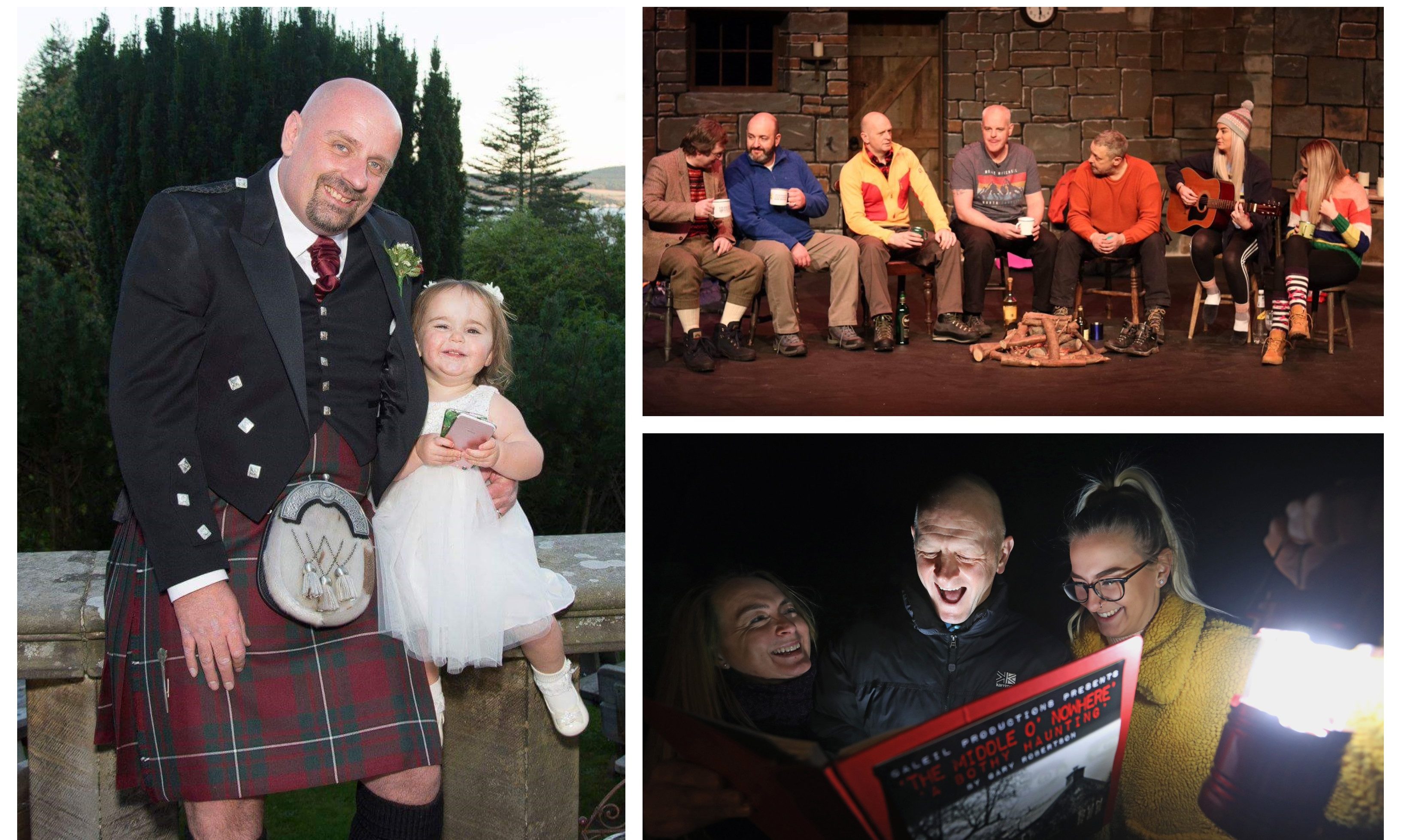 Scott Petrie with granddaughter Grace (left) and the cast of Middle O' Nowhere: A Bothy Haunting (right).