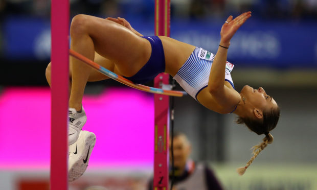 Niamh Emerson of Great Britain in action during the women's pentathlon high jump on day one of the 2019 European Athletics Indoor Championships at Emirates Arena on March 1, 2019 in Glasgow.