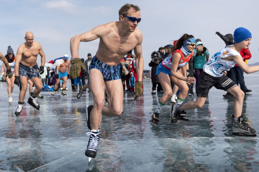 Participants in the 2019 Baikal International Ice Skating Marathon on the frozen Lake Baikal, the world's deepest freshwater lake.