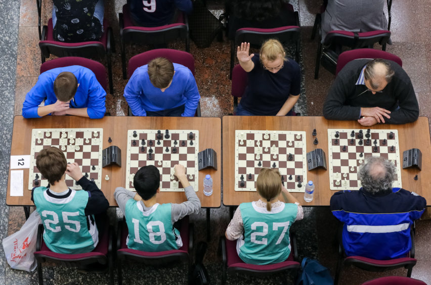 Participants in the final stage of the 2019 White Rook chess tournament at the Hall of Glory of the Museum of the Great Patriotic War (Victory Museum).