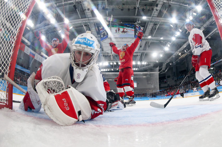 The Czech Republic's goalie Ondrej Horvath in the men's Preliminary Round Group A ice hockey match against Russia at the 2019 Winter Universiade at Crystal Ice Arena.