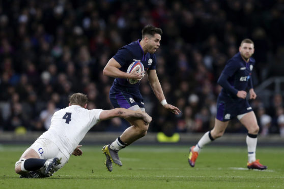 Sean Maitland escapes a tackle from Joe Launchbury.