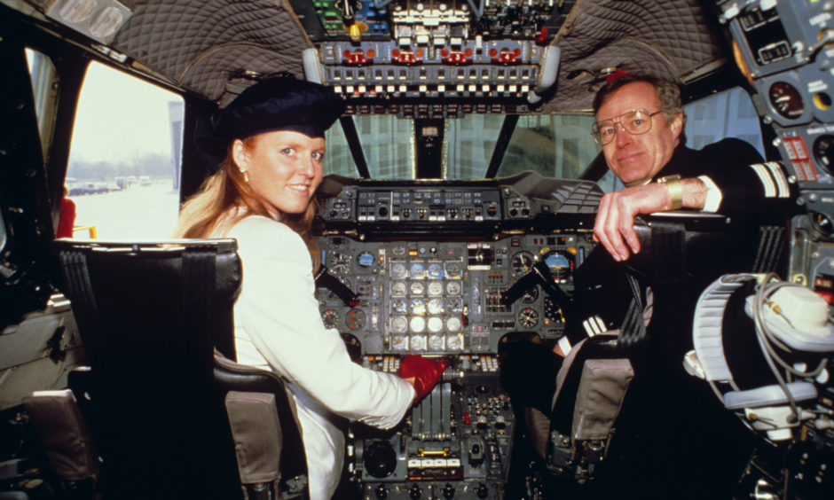 The Duchess of York, after she gained her private pilot's licence in 1981, on the flight deck of a Concorde supersonic jet during her visit to Heathrow Airport as a guest of British Airways.