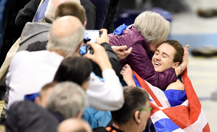 Great Britain's Laura Muir celebrates winning gold in the Women's 3000m final during day one of the European Indoor Athletics Championships at the Emirates Arena, Glasgow