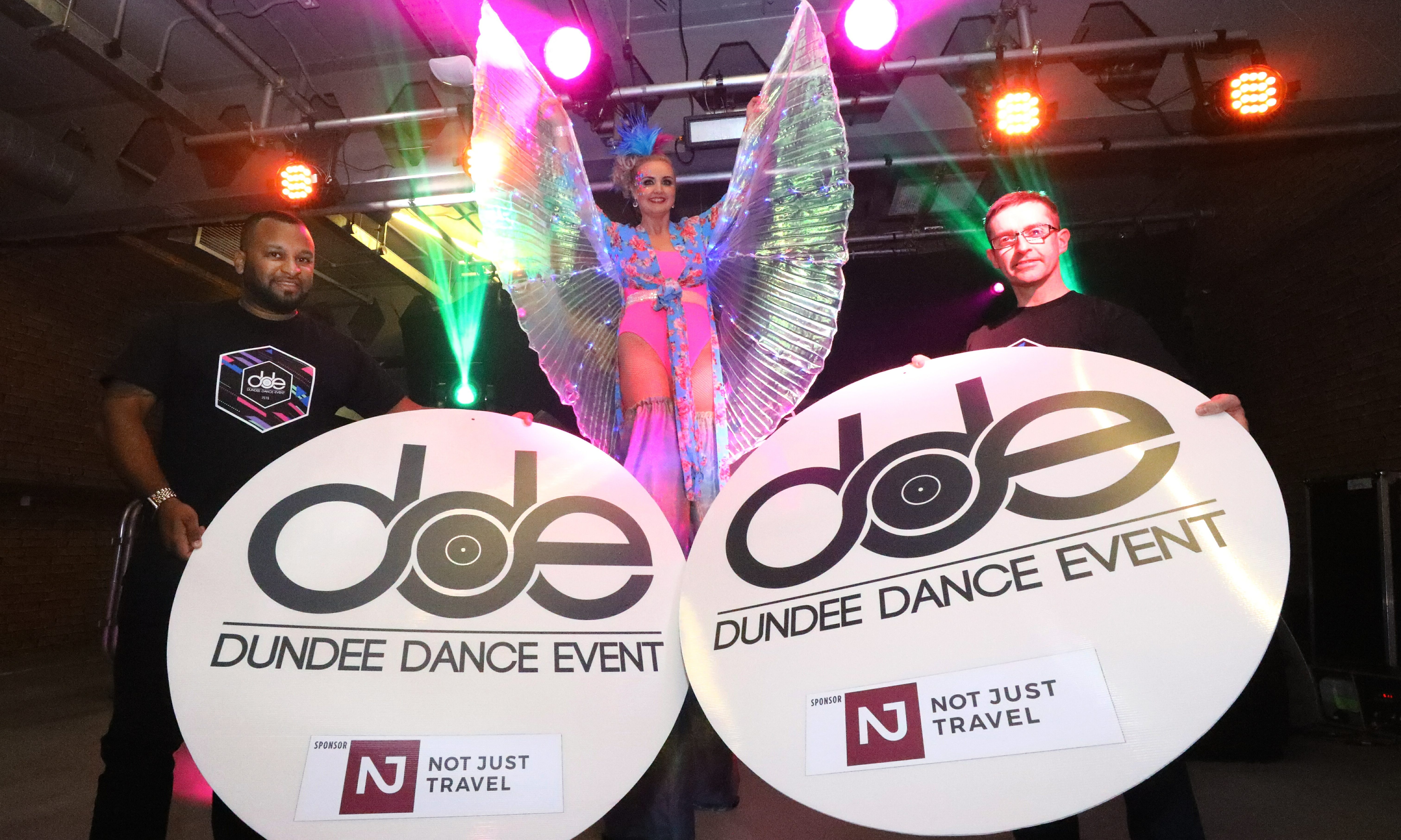 Richard Martin, left, and Mike McDonald, with Verity Power at DUSA, to launch the Dundee Dance Event 2019.