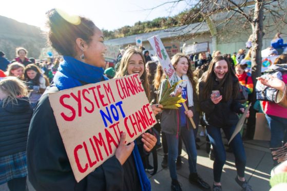 Pupils protesting at the Scottish Parliament.