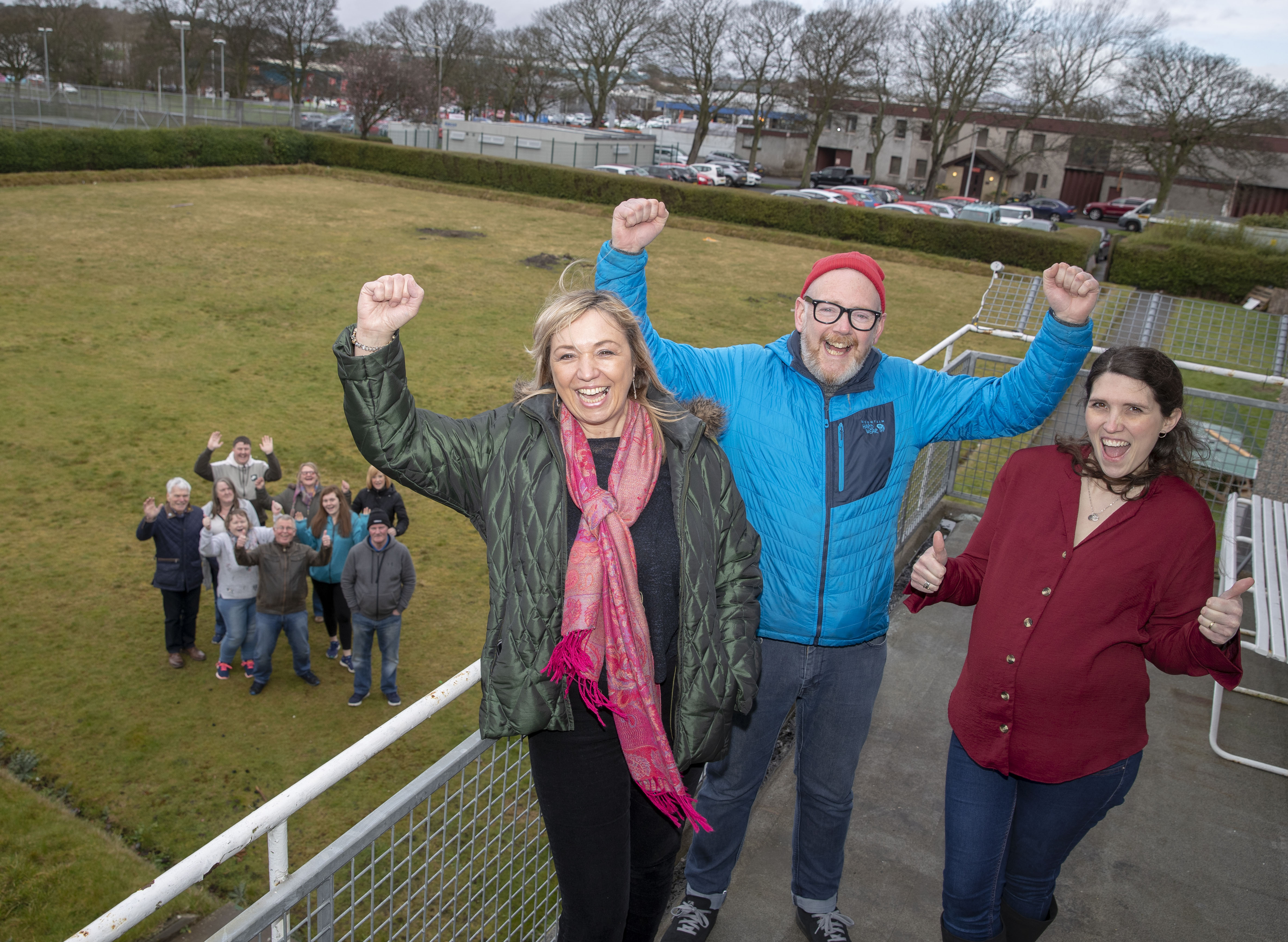 Debbie Kelly (Community Development Officer, Shug Hughes, Gallatown Hub leader and Joanne Cairns, Gallatown hub join members to celebrate at the old bowling club grounds following the announcement