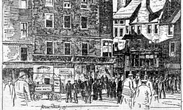 A street scene in central Dundee drawn by James McIntosh Patrick for his 1929-30 series for The Courier.