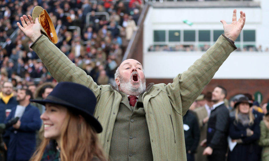 Racegoers celebrate after the Ryanair Chase.
