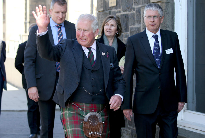 The Prince of Wales, known as the Duke of Rothesay while in Scotland, arrives at the Banff Museum in Banff, Aberdeenshire.