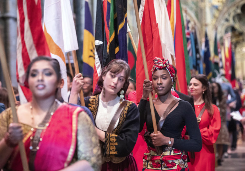 Flag bearers carrying the flags of the Commonwealth during the Commonwealth Service.