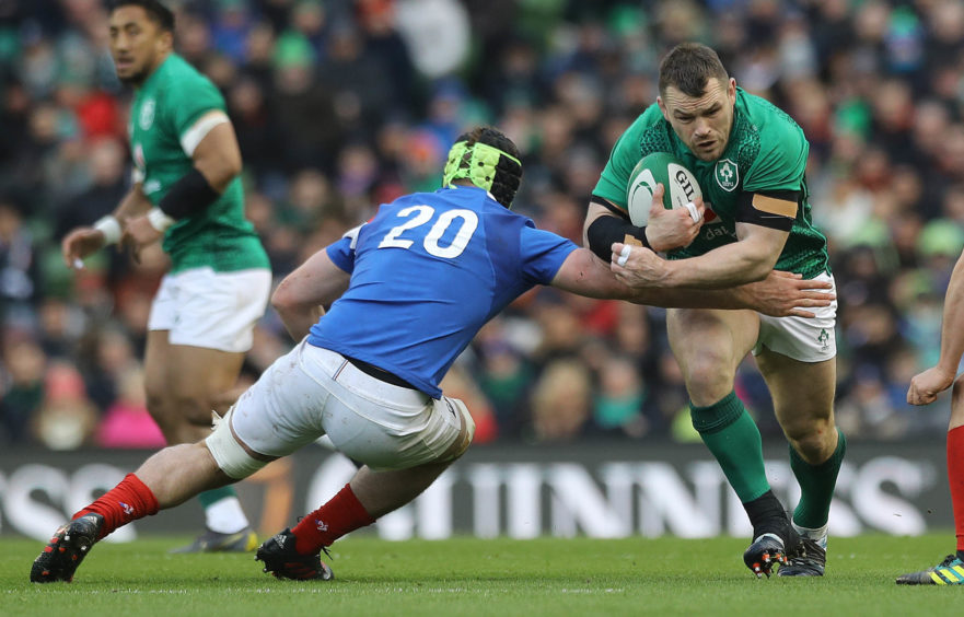 Ireland's Cian Healy (right) and France's Gregory Alldritt during the Guinness Six Nations match at the Aviva Stadium, Dublin.