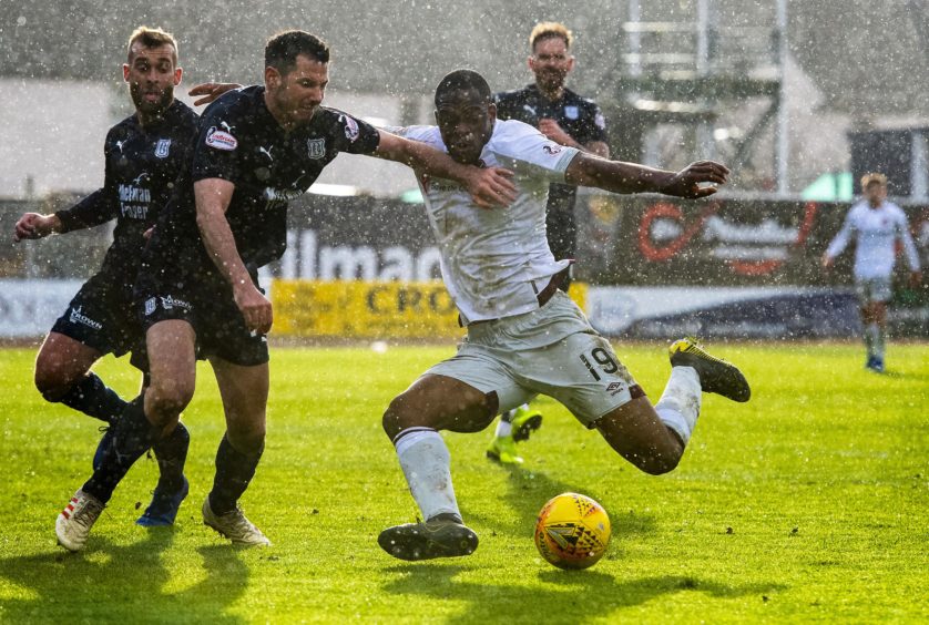 DUNDEE v HEARTS 
THE KILMAC STADIUM AT DENS PARK - DUNDEE
Hearts Uche Ikpeazu has a chance to score in the second half as the snow pours down in Dundee.