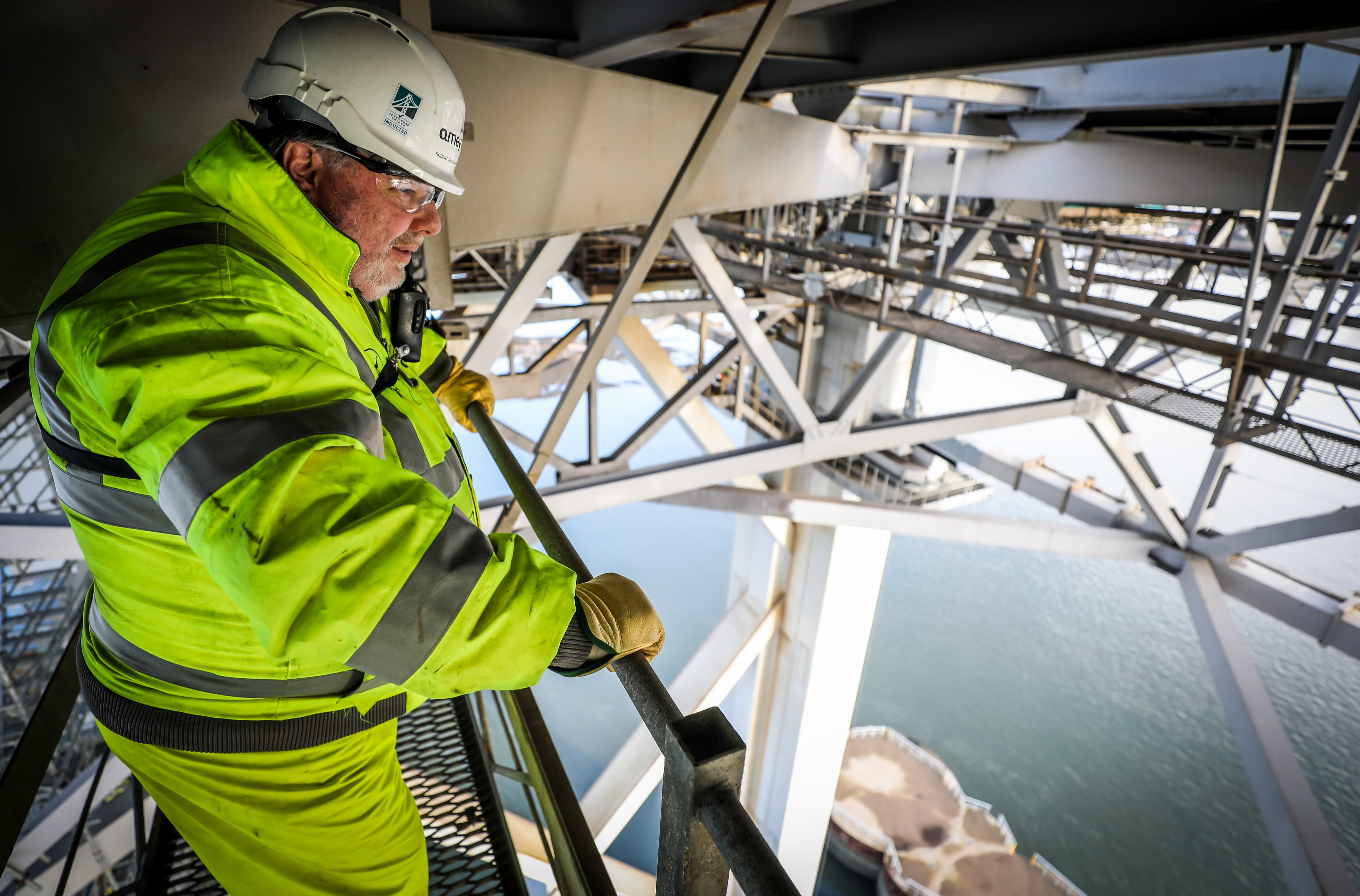 Robert McCulloch, Senior Civil Engineer in charge of  replacing expansion joints on the Forth Road bridge, on one of the underside gantries