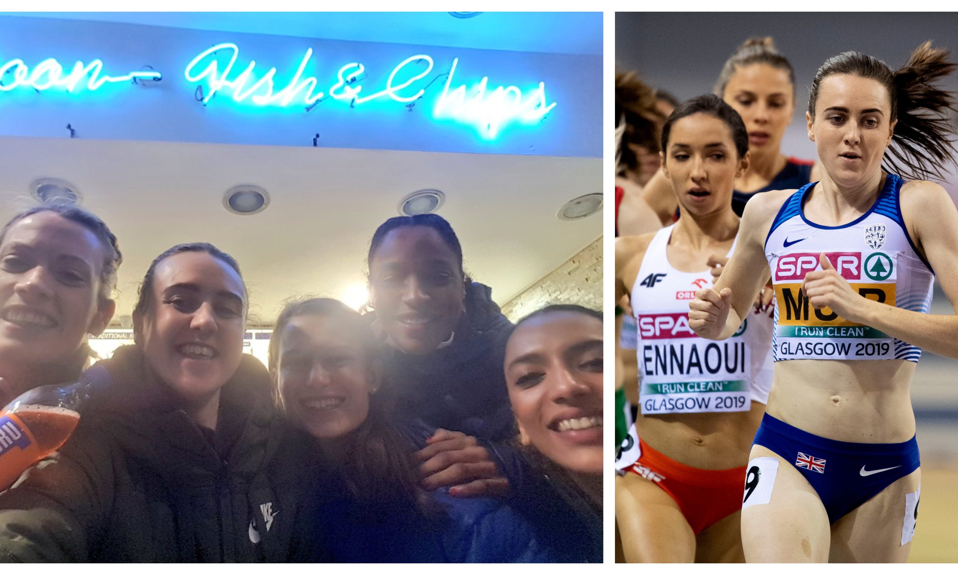 Laura Muir tweeted a photo from a Blue Lagoon fish and chip shop in Glasgow following her double gold medal performance.