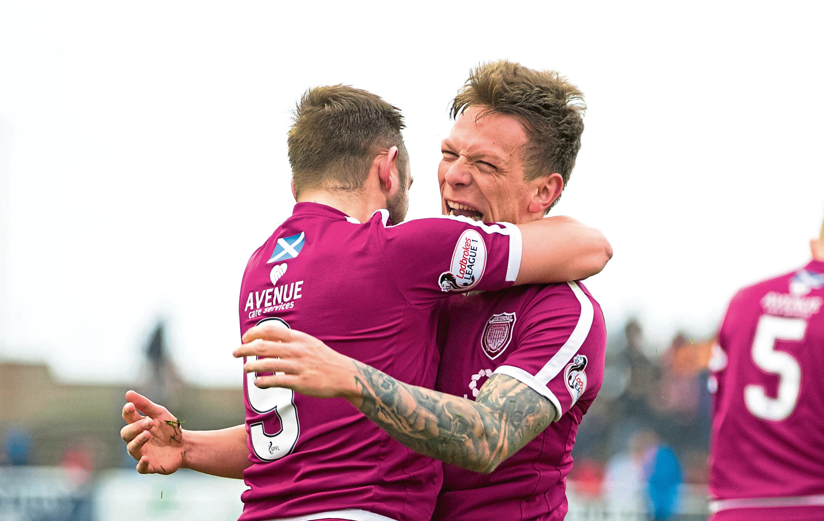 Arbroath's Ricky Little (R) celebrates his goal to make it 1-0.