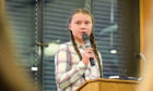 Swedish environmental campaigner Greta Thunberg addresses politicians, media and guests with the Houses of Parliament on April 23.