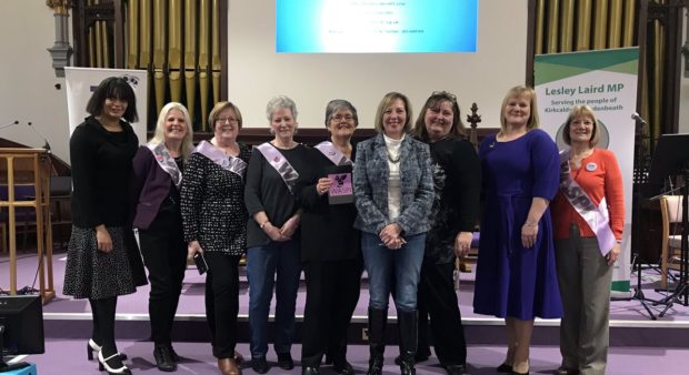 Mrs Laird, fourth from right, with other speakers at the Kirkcaldy rally