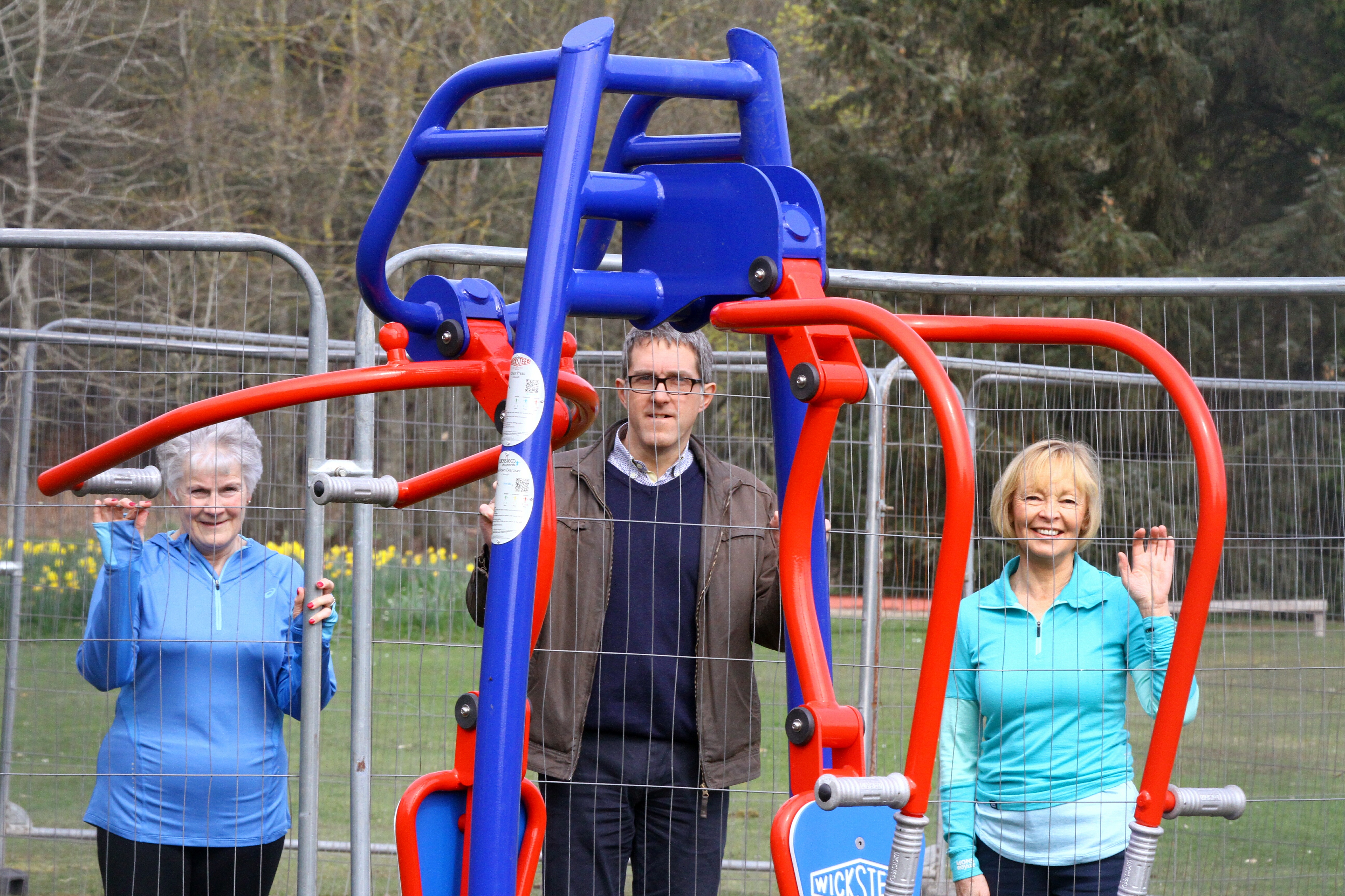 Eileen Haggart, Dr Marc Jacobs and Janet Fowlie of the Edzell Village Improvement Society beside the new gym equipment.