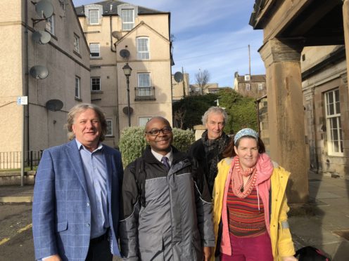 David Torrance, Patrick Nyamurundira (Transport Scotland), and local campaigners Chris Hill and Lizzie Cass-Maran