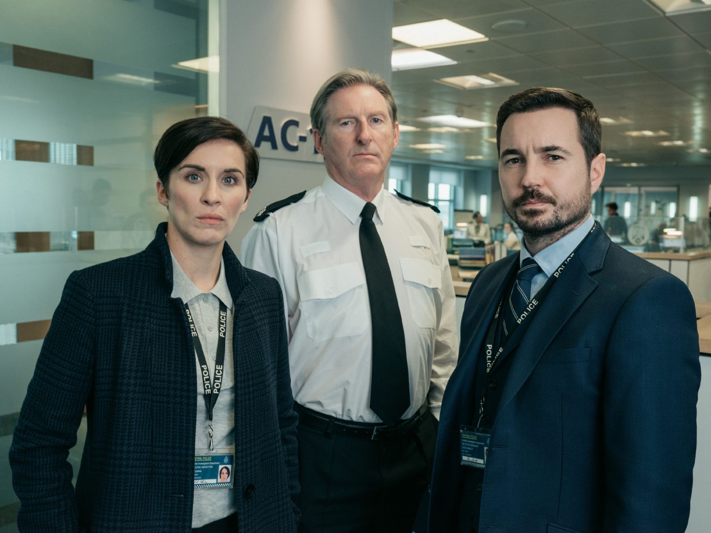 Picture Shows:  Kate (VICKY MCCLURE), Hastings (ADRIAN DUNBAR), Steve (MARTIN COMPSTON). Picture: BBC.