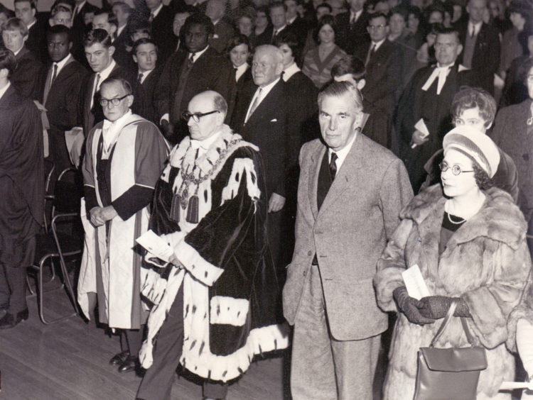 Dr J. R. Whittaker, Principal of Dundee Institute of Art and Technology in procession with Lord Provost of Dundee, Maurice McManus, at Dundee College of Technology’s graduation ceremony on 24 November 1967