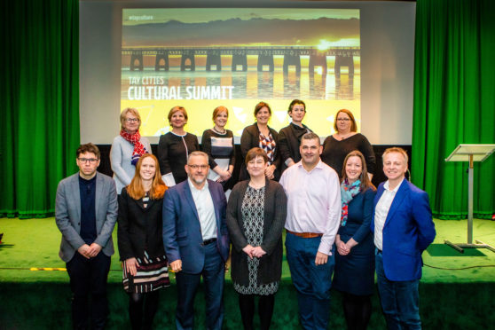 Picture shows, front row, left to right is Gary Cameron (Creative Scotland), Caroline Warburton (Visit Scotland), Stewart Murdoch (Leisure and Culture Dundee), Lesley Toles (Fife Cultural Trust), Billy Gartley (Leisure and Culture Dundee), Kirsty Hunter (ANGUSalive) and Philip Long (Director, V&A Dundee). Back row, left to right is Dame Seona Reid (Heritage Lottery Fund), Pamela Reid (Ekosgen), Michelle Sweeney (Fife Cultural Trust), Heather Stuart (Fife Cultural Trust), Ríona McMorrow, (Heritage Lottery Fund Scotland) and Helen Smout (Culture Perth and Kinross).