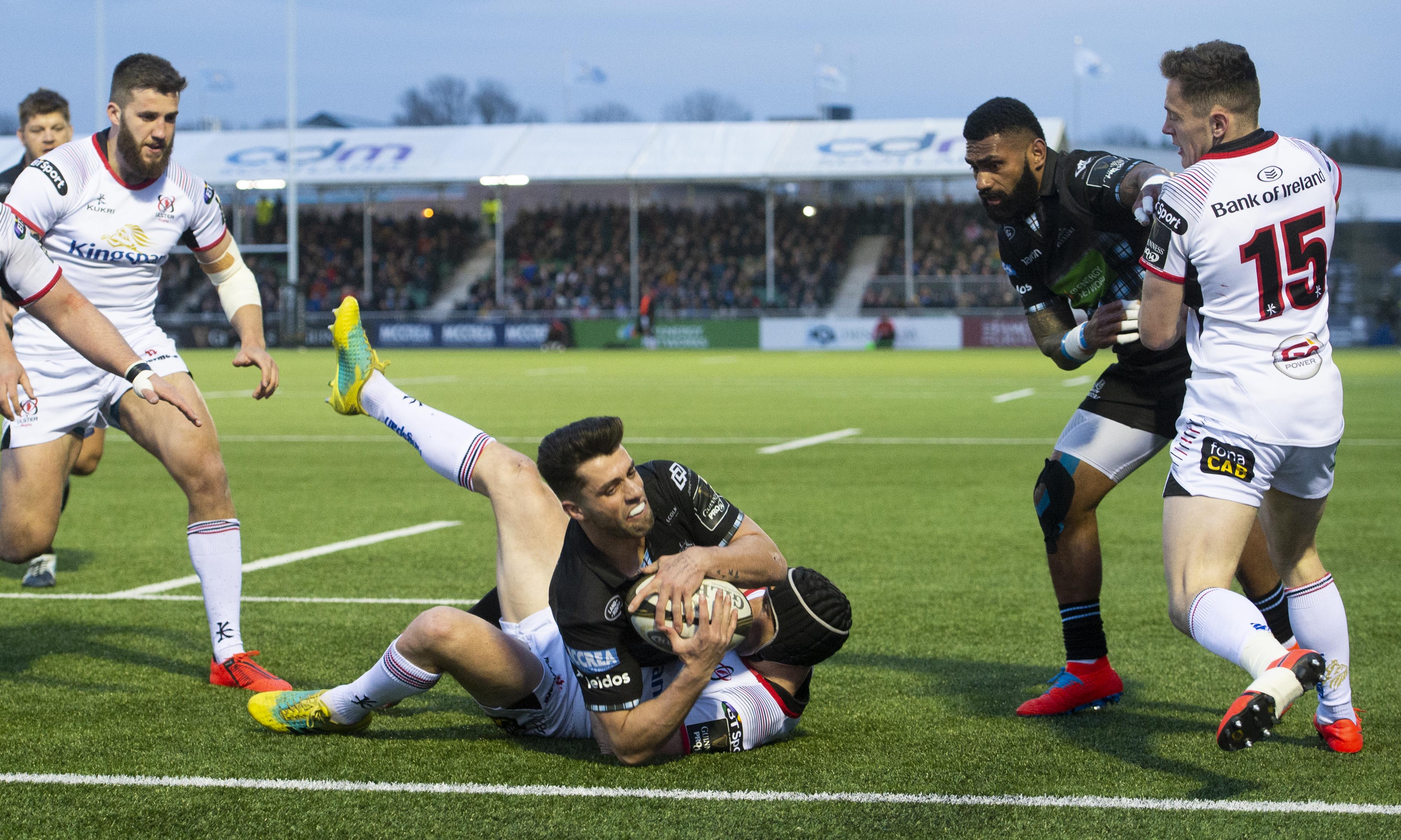 Adam Hastings goes over to score Glasgow's second try.