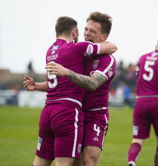 Arbroath's Ricky Little (R) celebrates his goal to make it 1-0
