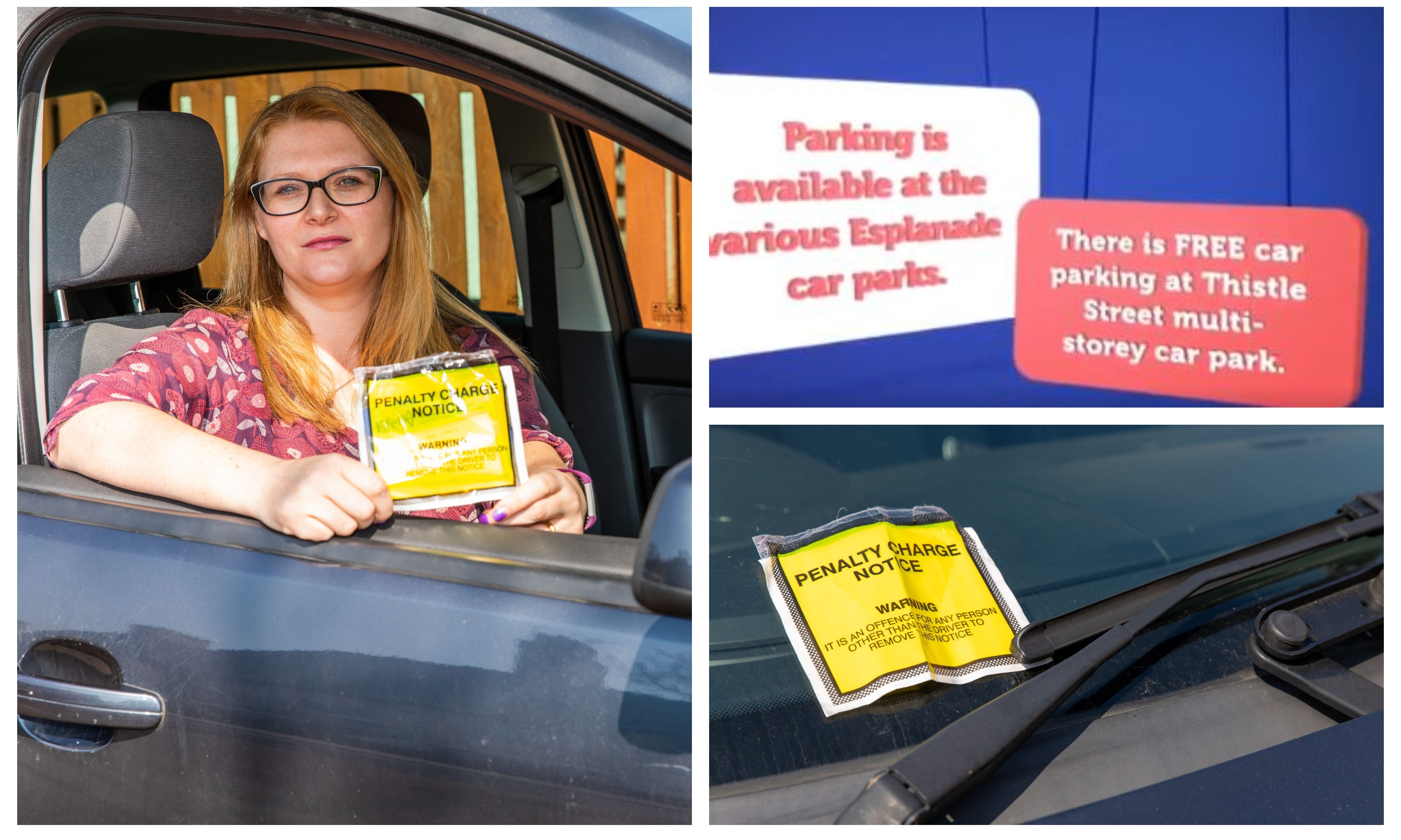 Katy Stevenson with the ticket she received in a car park she was advised was free. Top right shows a screengrab from the original video.