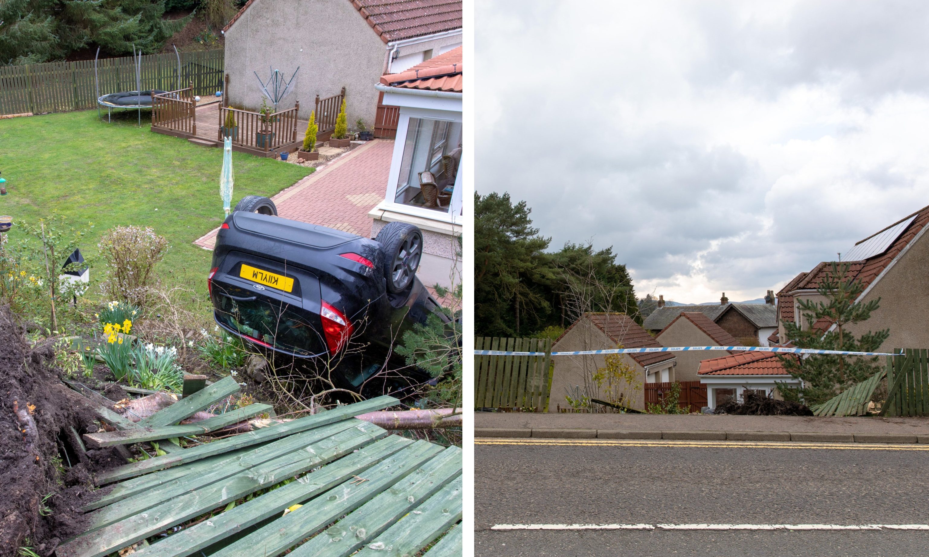 A black Ford Fiesta lies on its roof in a garden a few feet from a conservatory in Kinross after an accident.