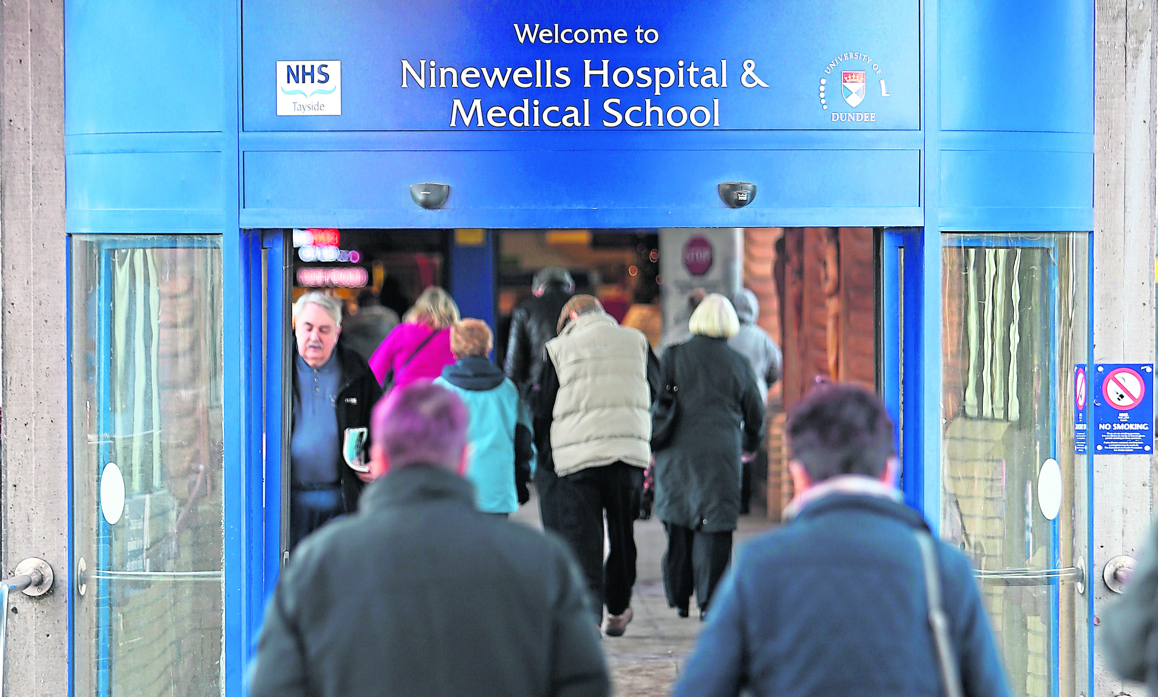 General view of the exterior entrance to Ninewells Hospital.