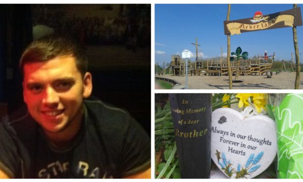Steven Donaldson (left), the Peter Pan Park in Kirriemuir (top right) and tributes to Donaldson (bottom right).