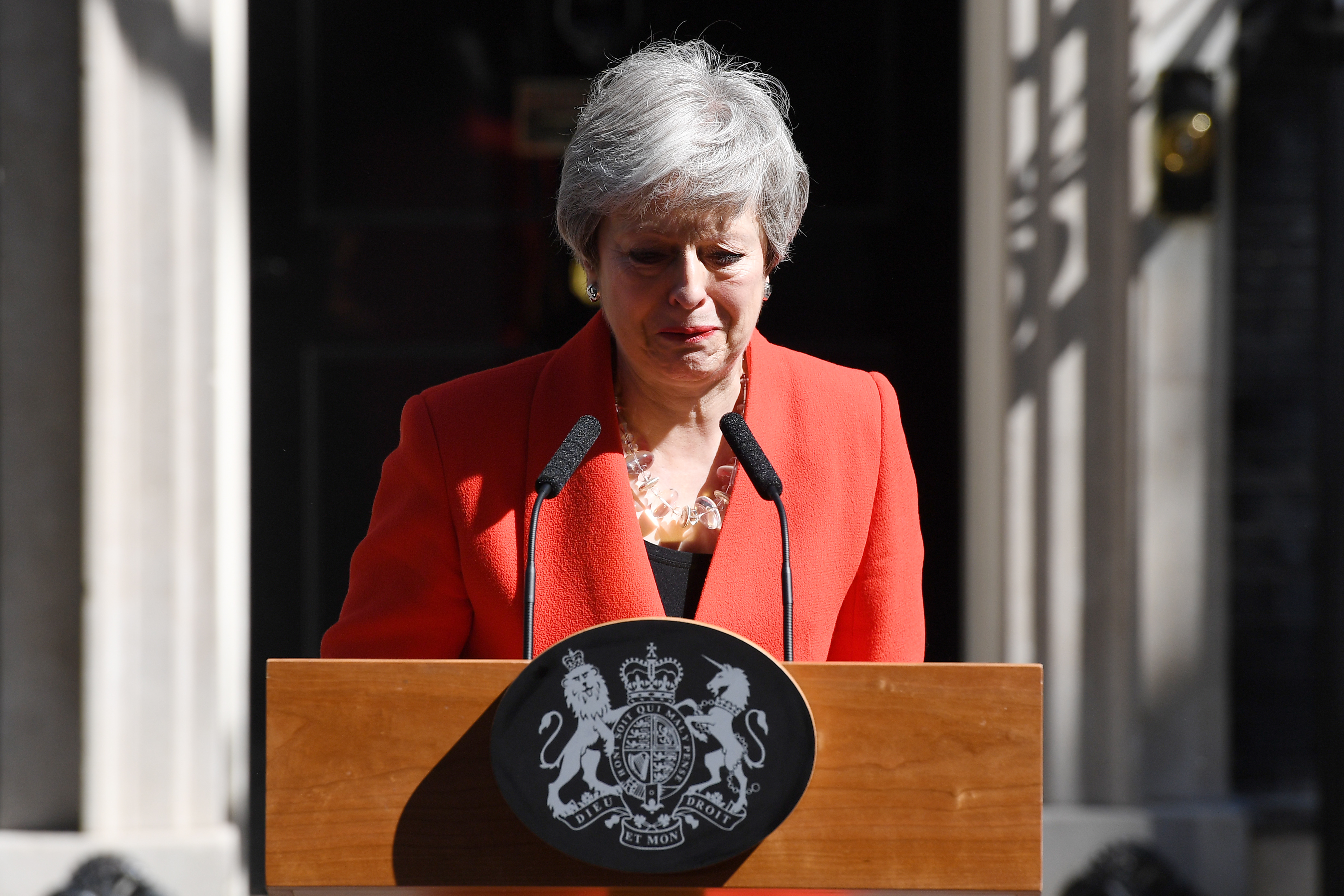 Prime Minister Theresa May makes a statement outside 10 Downing Street on May 24, 2019 in London, England. The prime minister has announced that she will resign on Friday, June 7, 2019.
