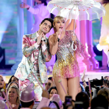 Brendon Urie of Panic! at the Disco and Taylor Swift perform onstage during the 2019 Billboard Music Awards at MGM Grand Garden Arena.