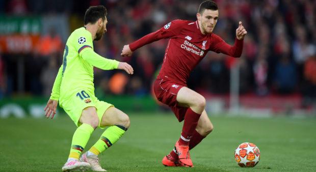 Barcelona's Lionel Messi in opposition to Liverpool's Andy Robertson during Tuesday night's Champions League semi-final at Anfield.