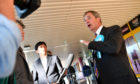 Nigel Farage speaks to media during a Brexit Party rally at the John Smith's Stadium on May 13, 2019 in Huddersfield.