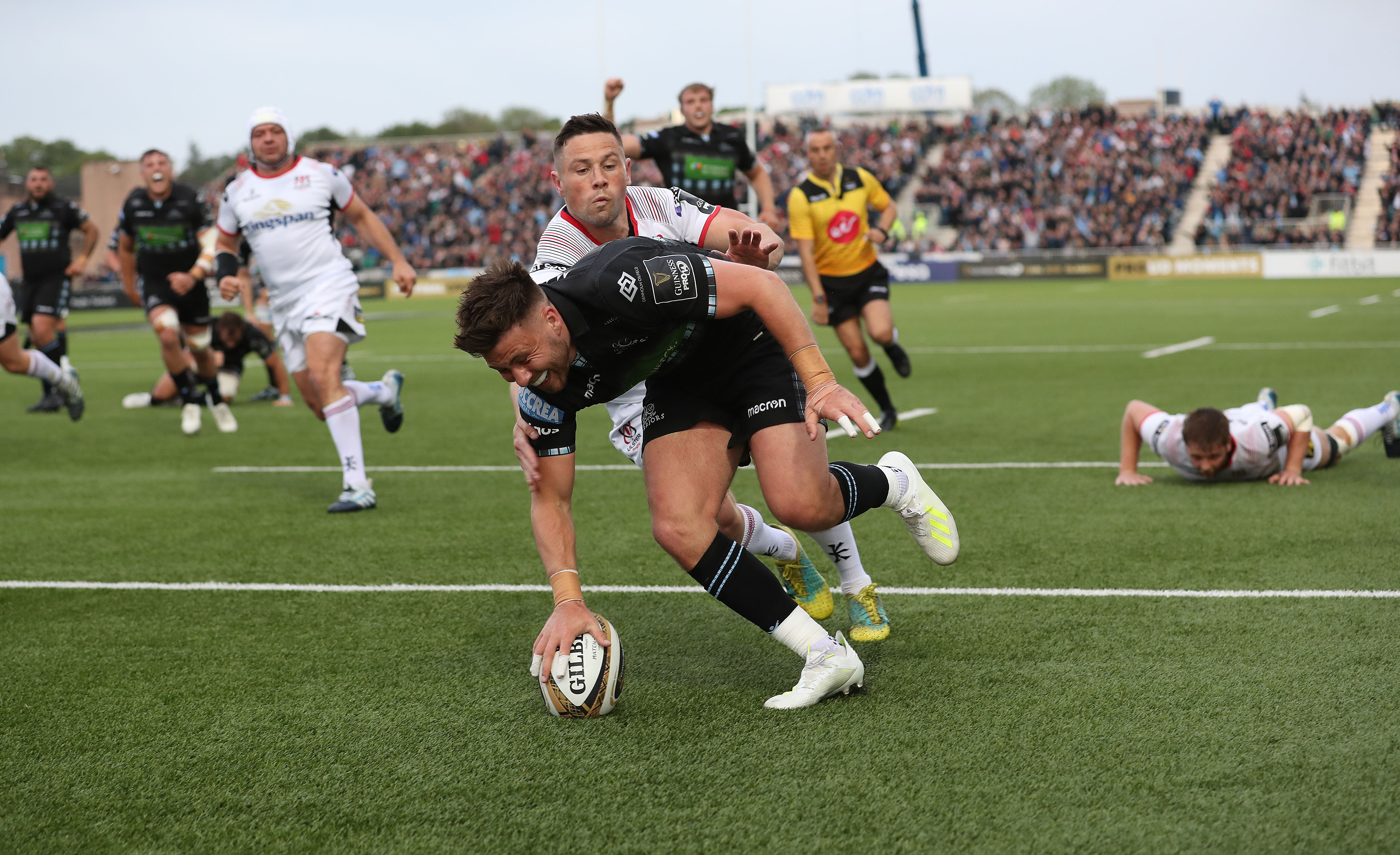 Ali Price scores Glasgow's second try during the Pro14 Semi Final against Ulster.