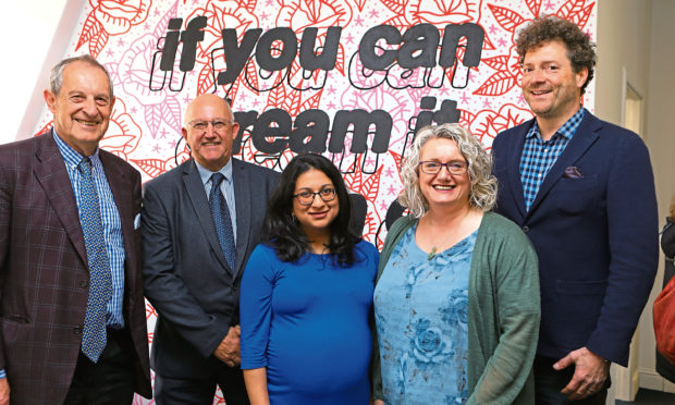 L/R, Philip Howard - Chairman of the Launch It trust, David Dorward - Chairman of Launch It Dundee, Shabana Basheer - Enterprise Manager at Launch It, Alison Henderson - CEO of Dundee & Angus Chamber of Commerce, and Chris van der Kuyl - 4J Studios, at the opening of Launch It, at Kandahar House.