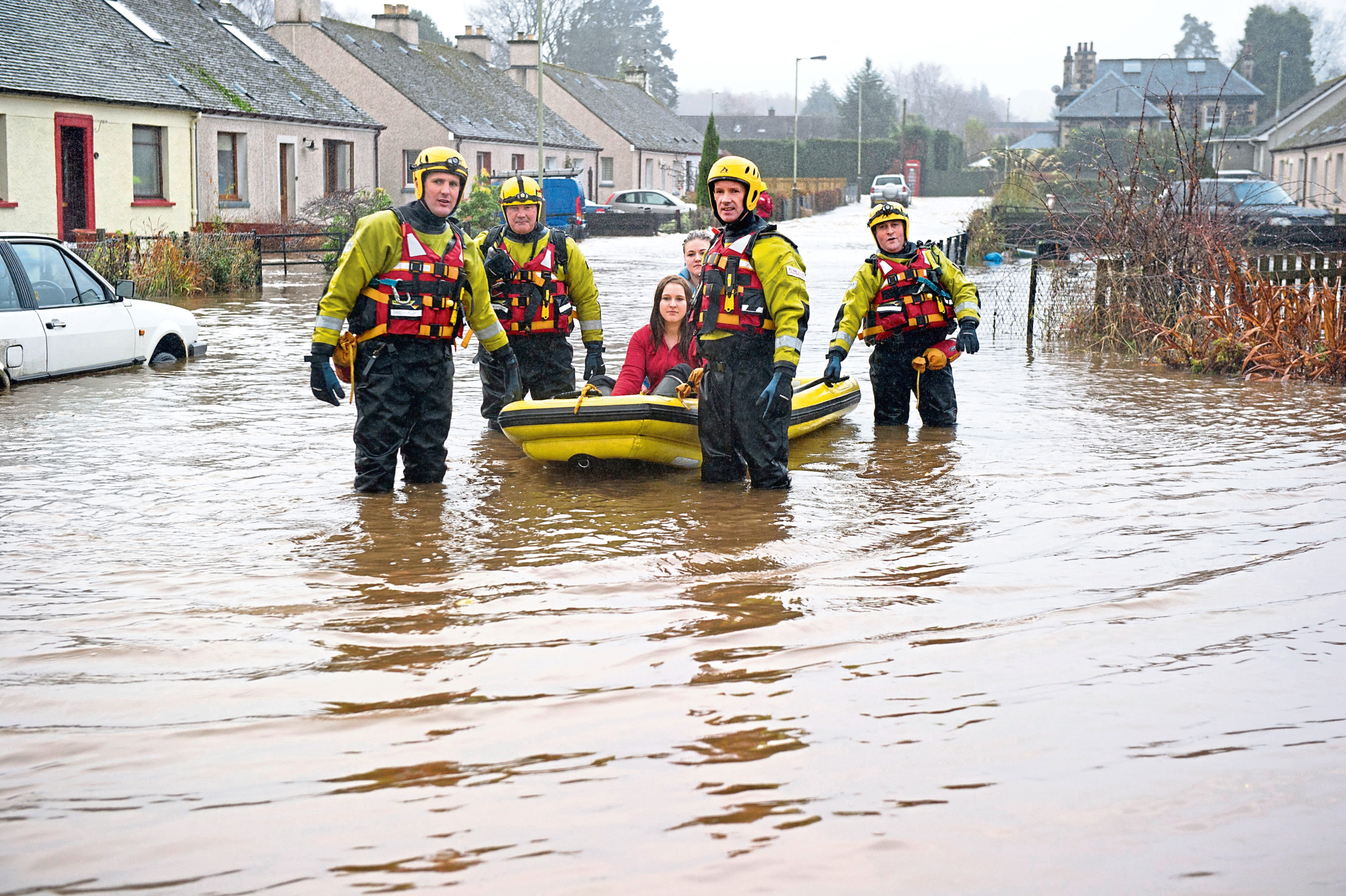 Flooding in the village of Comrie, Perthshire.