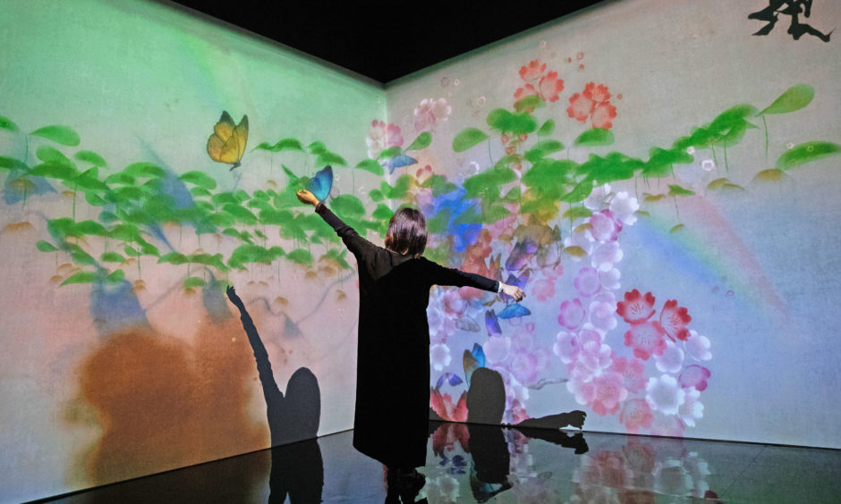 A women interacts with the 'What a Loving and Beautiful World' digital installation.