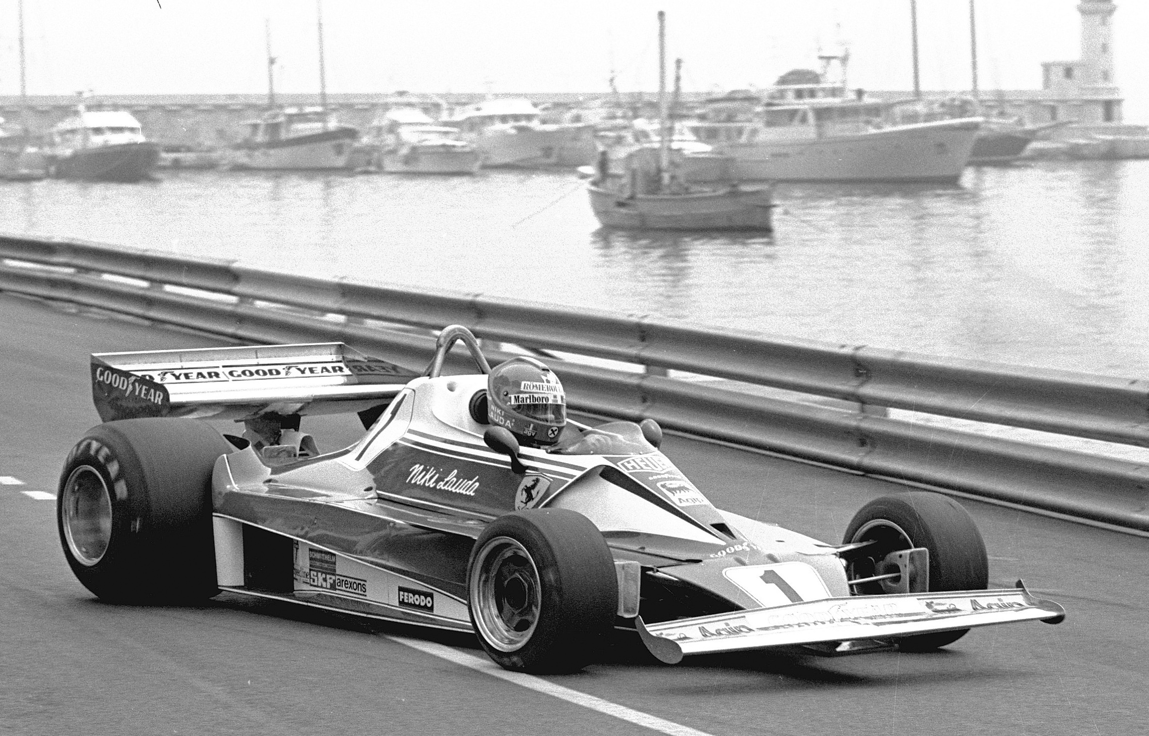Niki Lauda testing in the 1976 Monaco Grand Prix