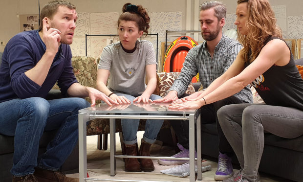 In rehearsal for Blithe Spirit at Pitlochry Festival Theatre, from left, Ali Watt, Tilly-Mae MIllbrook, Harry Long, Claire Dargo.