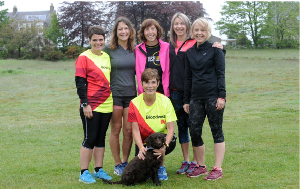 The Early Birds left to right: Angela MacDonald, Antonia Pettifer, Shona Birrell, Fiona Millar, Shirley Cowie, front Alison Hutchison and dog Jessie.