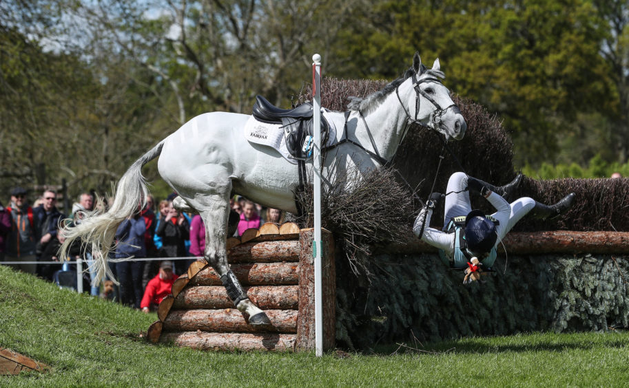 Kitty King is a faller on Vendredi Biats during day four of the 2019 Mitsubishi Motors Badminton Horse Trials at The Badminton Estate, Gloucestershire.