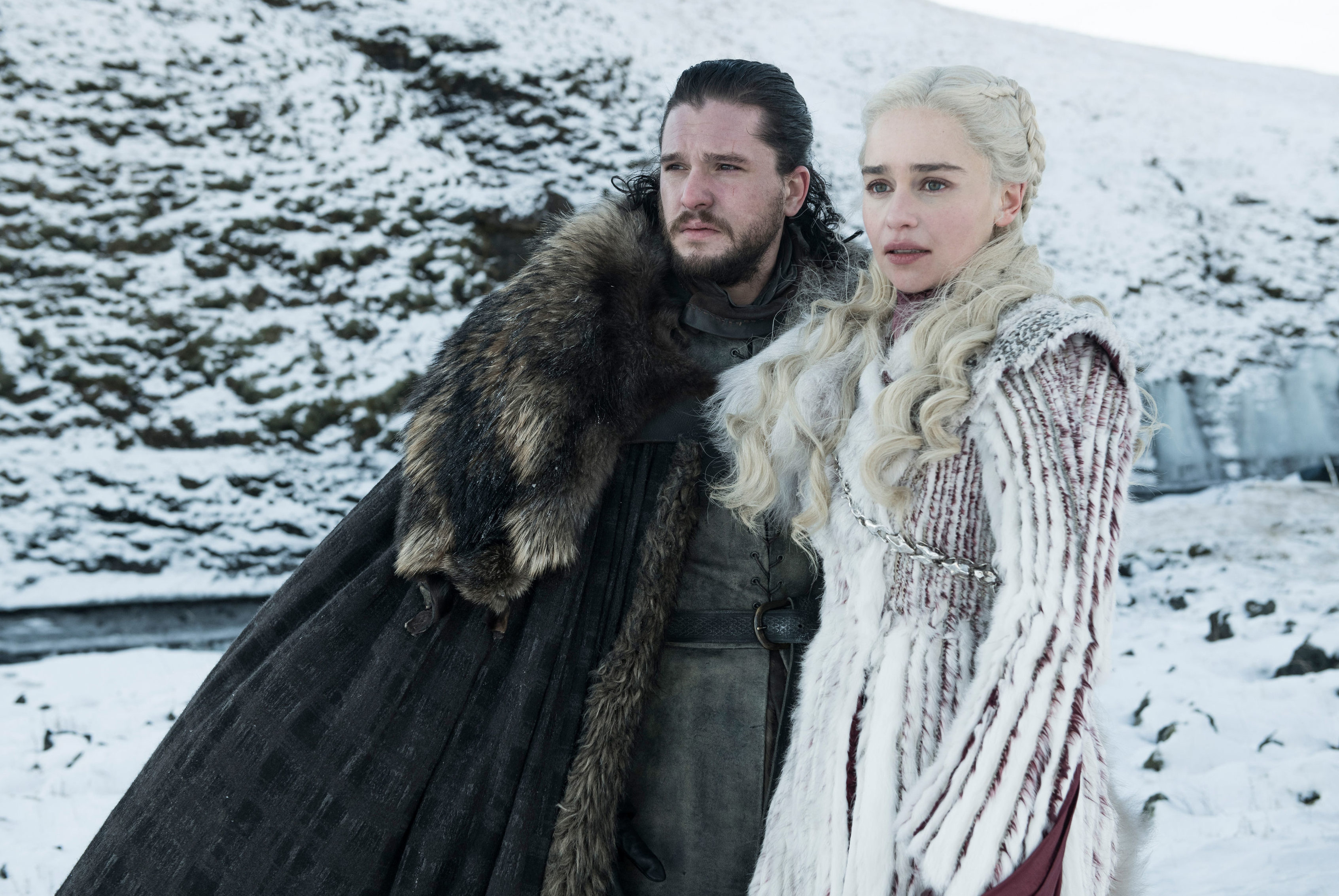 Kit Harington as Jon Snow, left, and Emilia Clarke as Daenerys Targaryen in a scene from "Game of Thrones".