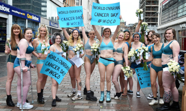 Award winning blogger and author Fi Munro (7th from left)  was joined by her friends, all in teal underwear, to raise awareness of ovarian cancer.