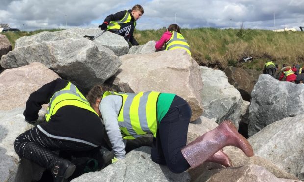 Children from Ladyloan Primary School pulling litter from rock armour during the Great Angus Beach Clean. Pic supplied.